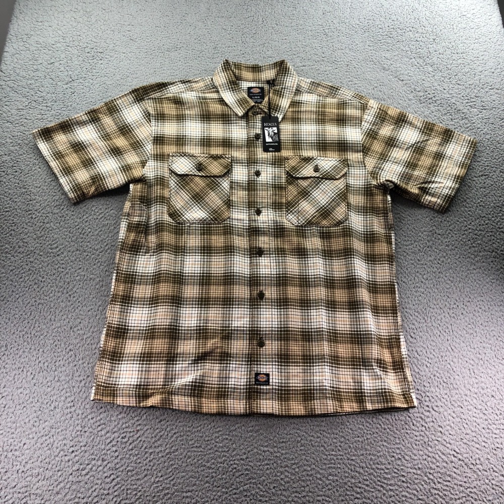 Dickies Skateboarding Shirt Mens Large Beige Plaid Short Sleeve Workwear NEW